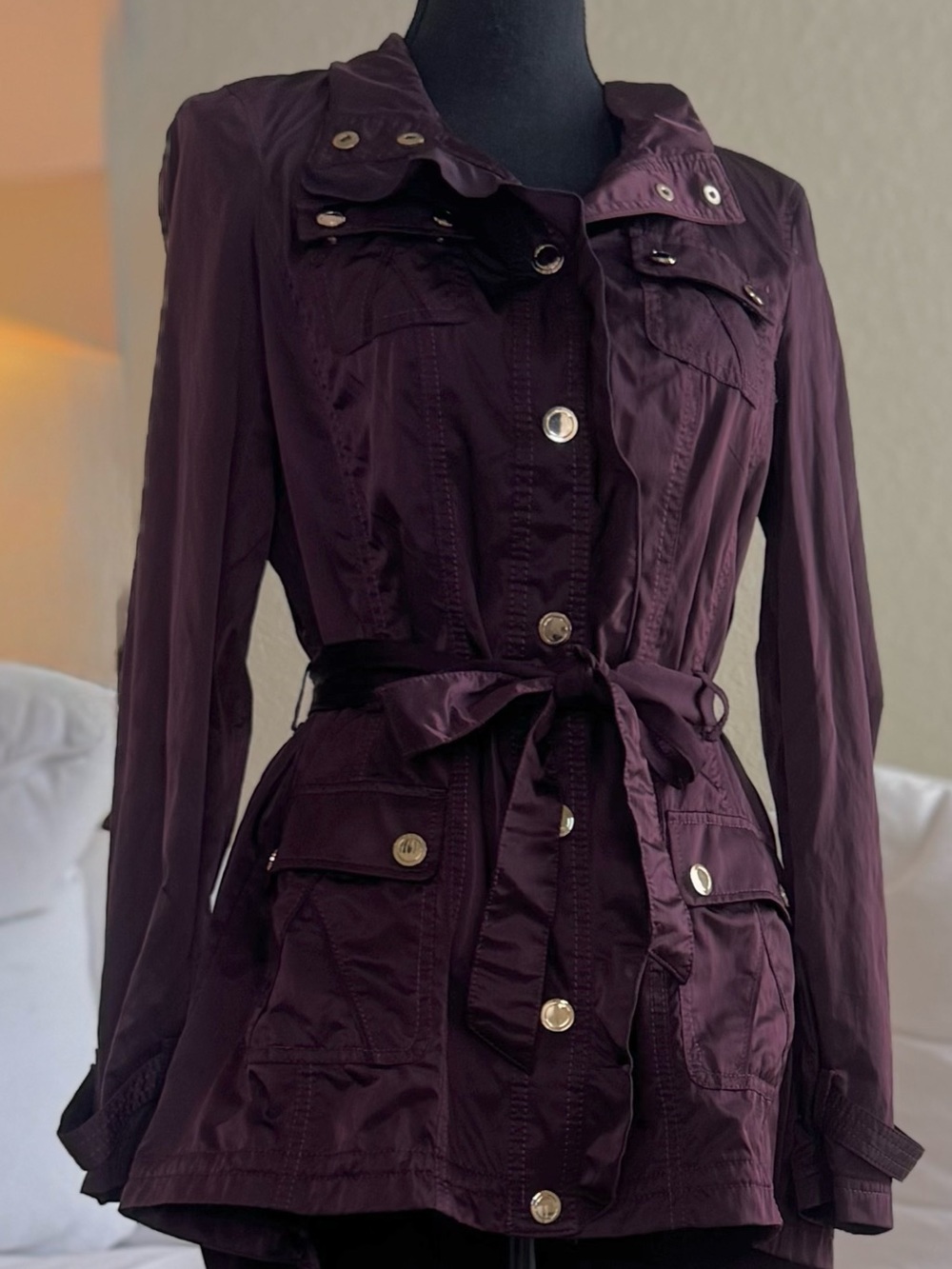 White House Black Market Modern Belted Trench Coat Shimmer Plum orig $140